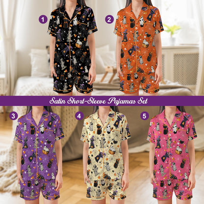 Halloween Cat Pajama Set, Cute Boo Cat Sleepwear, Spooky Black Cat Loungewear, Funny Ghost Mummy Witch Cat PJs, Gothic Halloween Pajamas