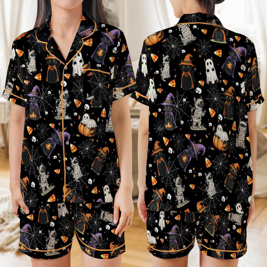 Halloween Cat Pajama Set, Cute Boo Cat Sleepwear, Spooky Black Cat Loungewear, Funny Ghost Mummy Witch Cat PJs, Gothic Halloween Pajamas