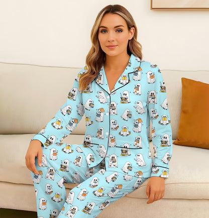 Halloween Ghost Reading Books Pajamas Set, Reading Ghost Sleepwear, Cozy Fall Nightwear, Spooky Season Gift, Bookish Gift, Halloween Gift