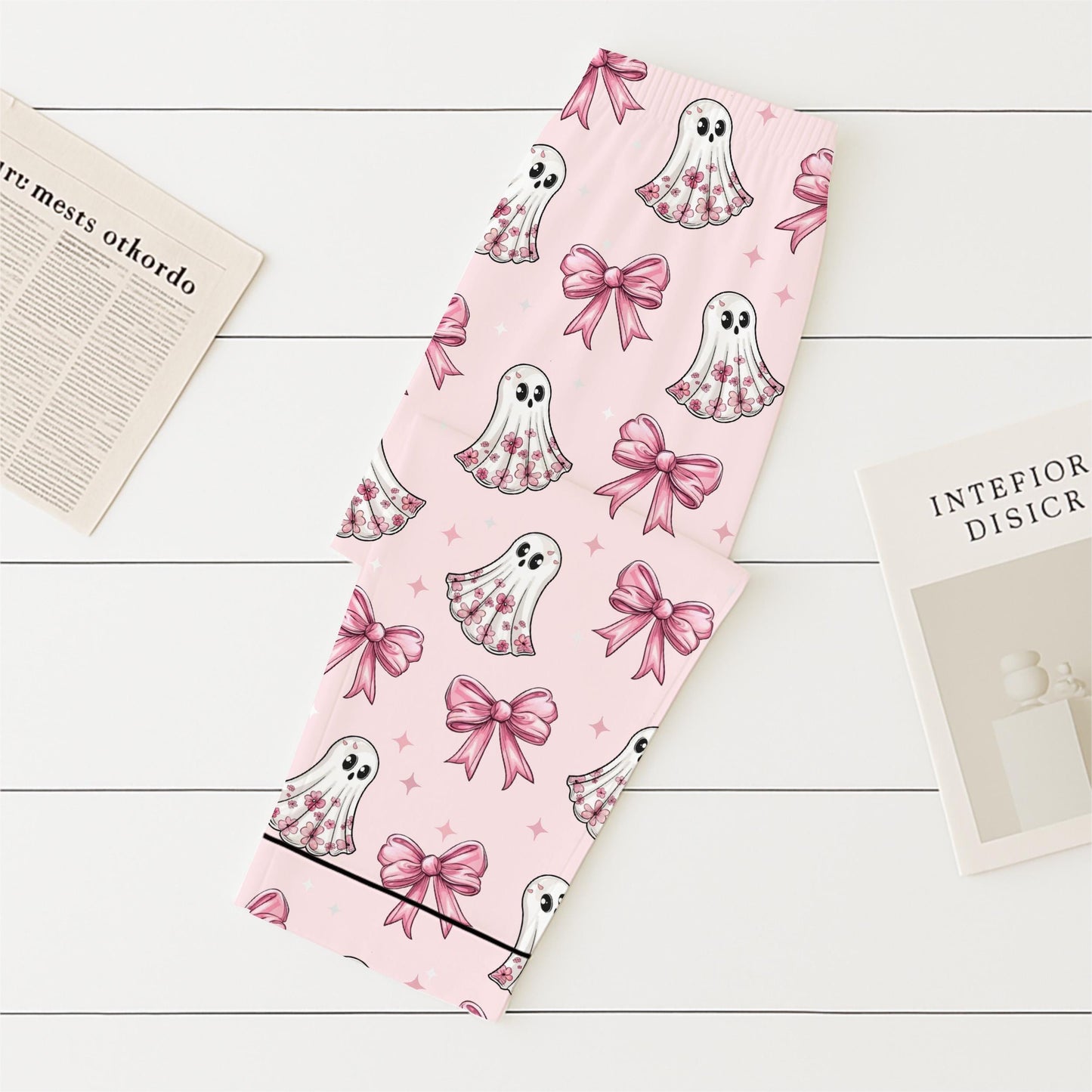 Halloween Pink Ghost And Bow Pajamas Set, Floral Ghost Sleepwear, Cute Boo Homewear, Cozy Loungewear, Coquette Ghost With Bow Pjs
