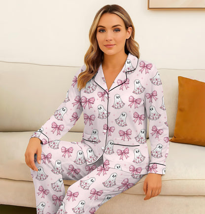 Halloween Pink Ghost And Bow Pajamas Set, Floral Ghost Sleepwear, Cute Boo Homewear, Cozy Loungewear, Coquette Ghost With Bow Pjs
