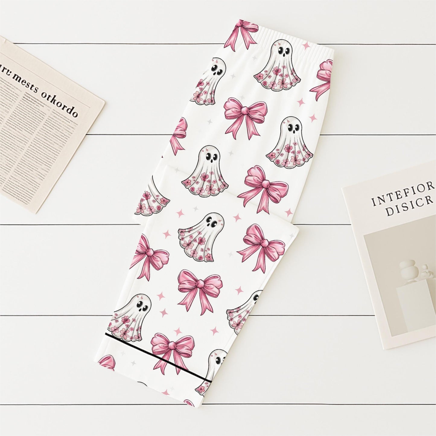 Halloween Pink Ghost And Bow Pajamas Set, Floral Ghost Sleepwear, Cute Boo Homewear, Cozy Loungewear, Coquette Ghost With Bow Pjs