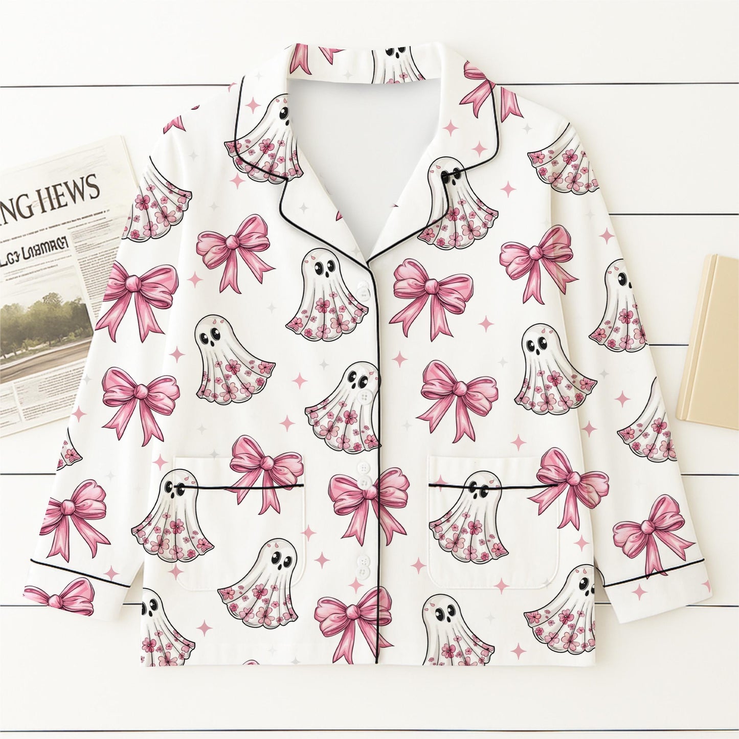 Halloween Pink Ghost And Bow Pajamas Set, Floral Ghost Sleepwear, Cute Boo Homewear, Cozy Loungewear, Coquette Ghost With Bow Pjs