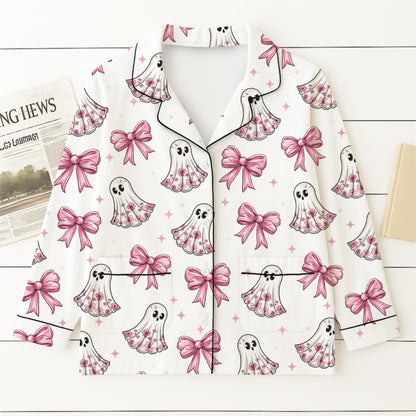 Halloween Pink Ghost And Bow Pajamas Set, Floral Ghost Sleepwear, Cute Boo Homewear, Cozy Loungewear, Coquette Ghost With Bow Pjs