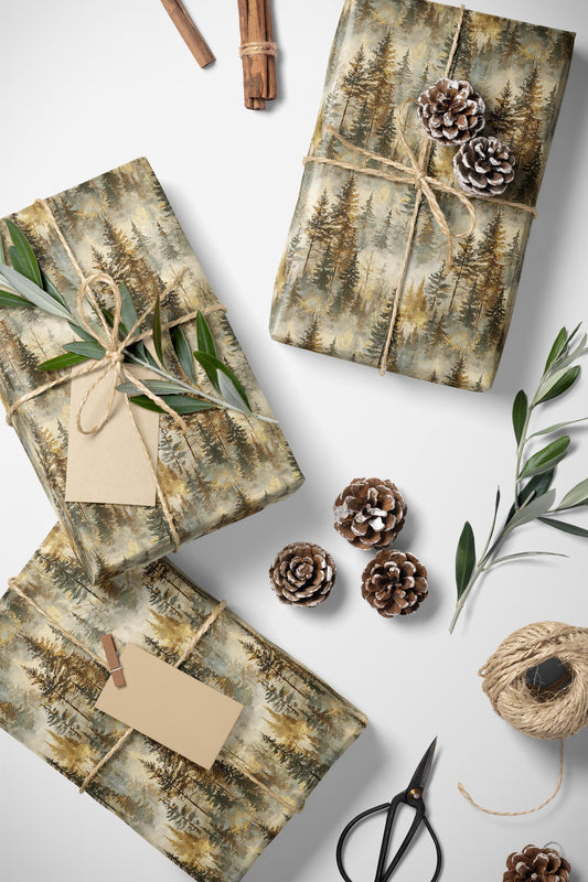 Pinecone Gift Wrap Roll, Winter Forest Theme Christmas Wrapping Paper with Trees and Snow #34
