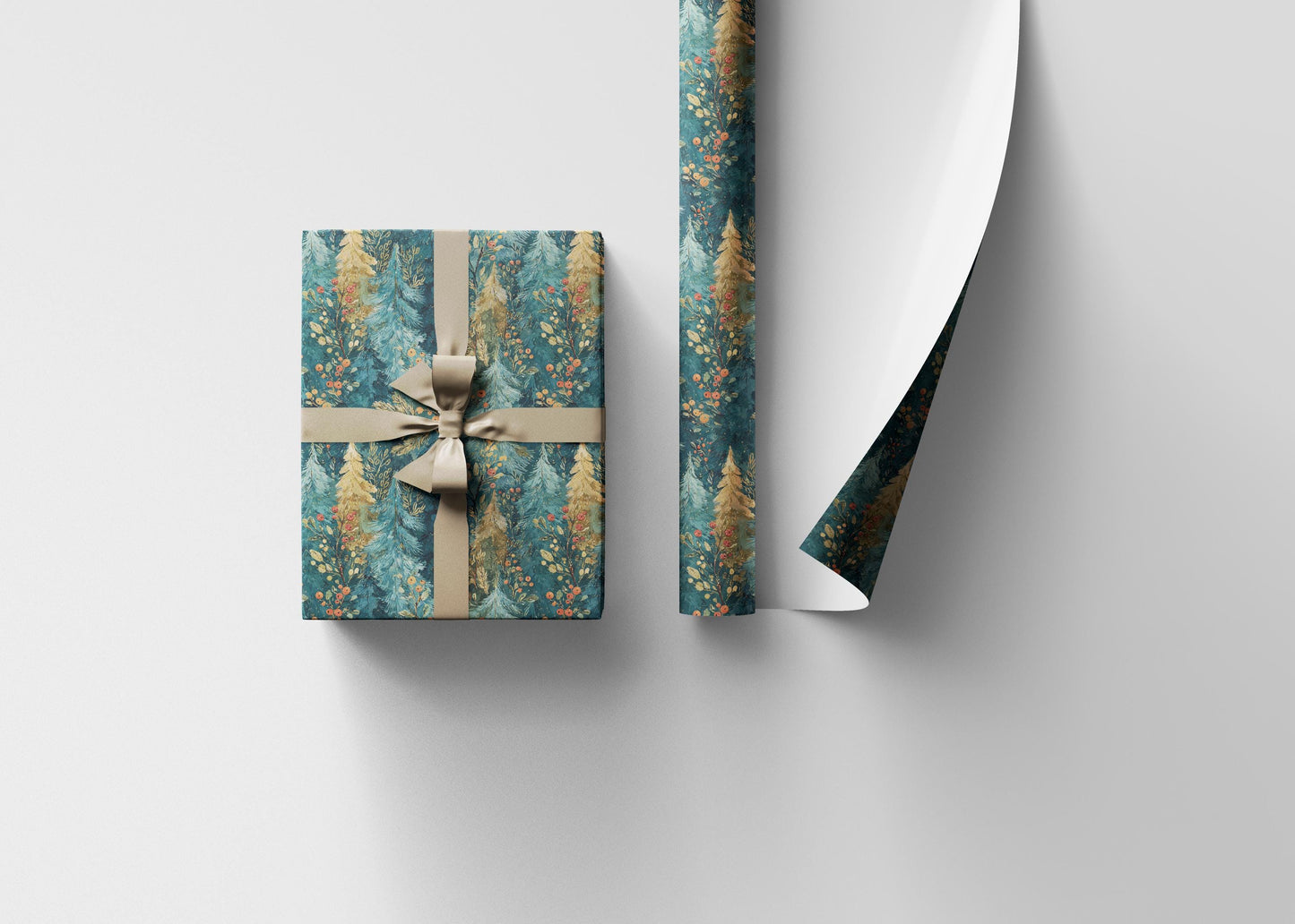 Pinecone Winter Wrapping Paper Roll, Forest Christmas Gift Wrap with Evergreen and Snowy Trees #25