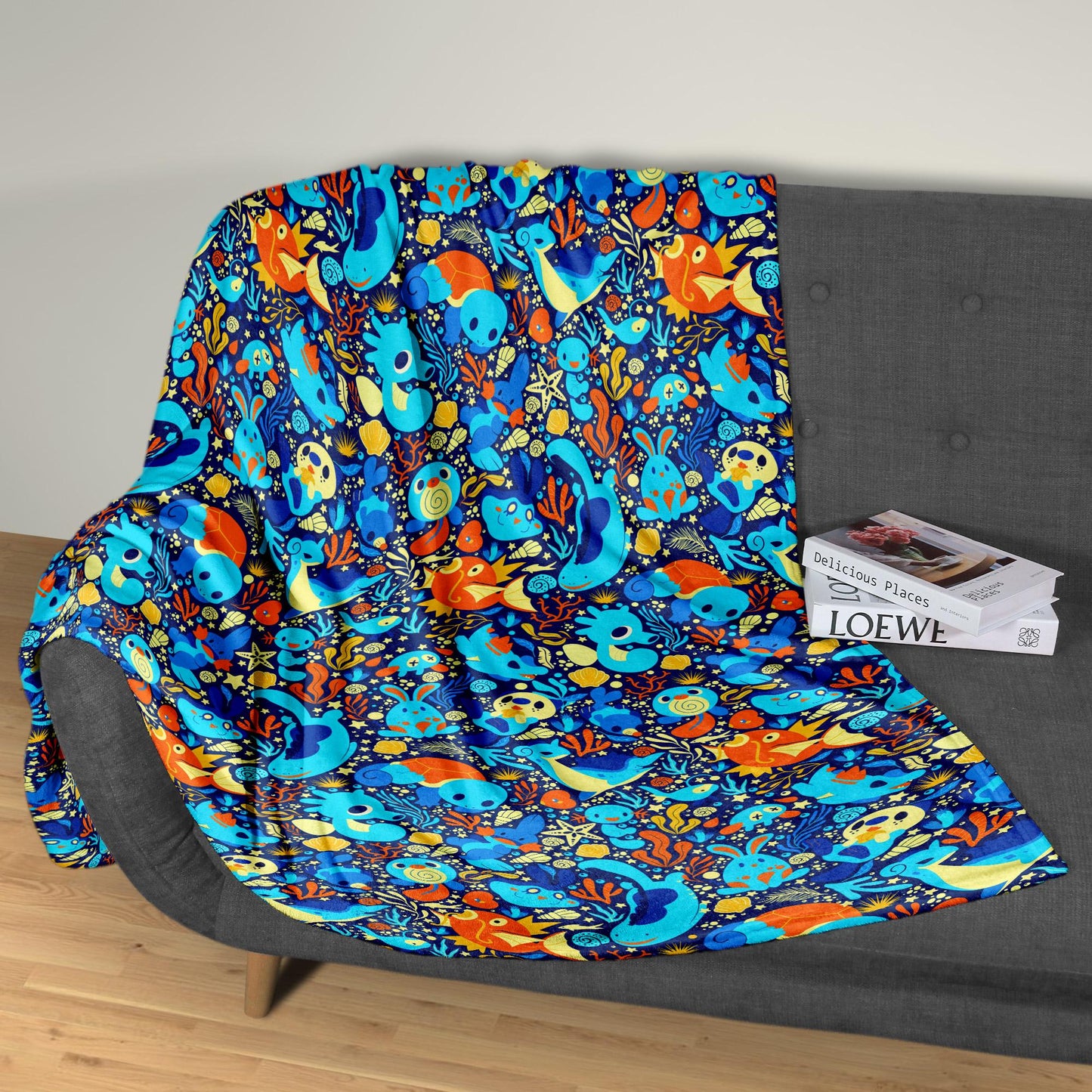 Magikarp and Squirtle Fleece Blanket, Cozy Throw Blanket with Water Type Pattern, Soft Cotton Blanket Gift, Magikarp Blanket Christmas Gift