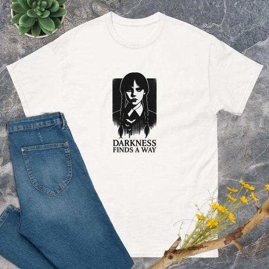 Wednesday Darkness Finds a Way T-Shirt – TV Show Inspired Unisex Tee | Gothic Quote Shirt