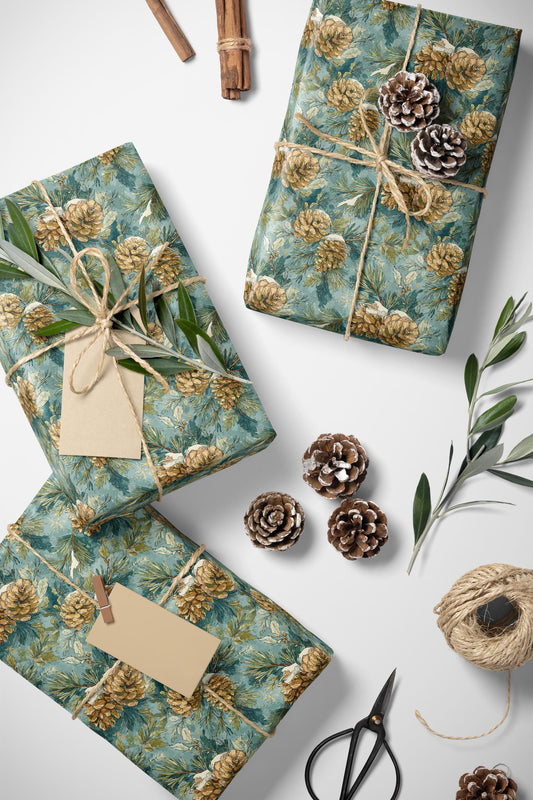 Winter Pinecone Wrapping Paper Roll, Evergreen Tree Gift Wrap for Christmas and Woodland Decor #3
