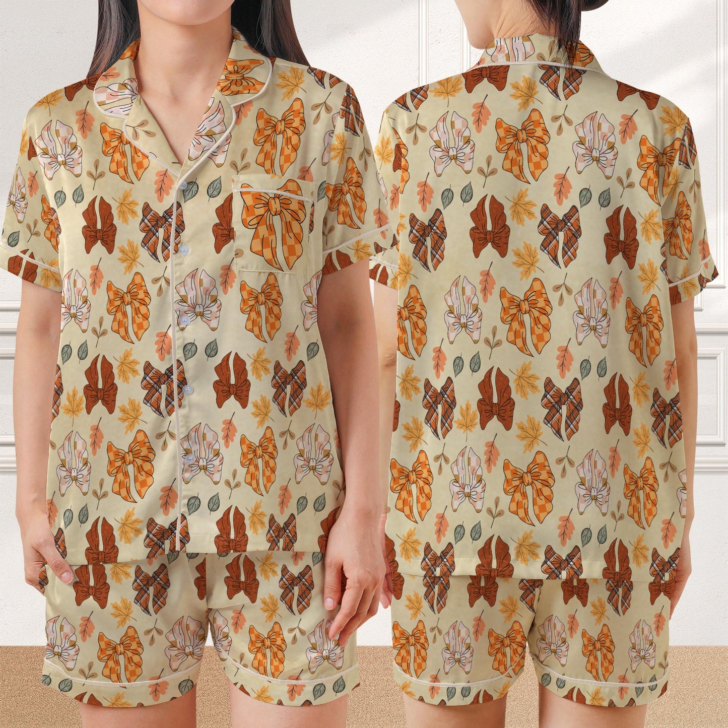 Coquette Fall Bows & Leaves Pajama Set, Girly Autumn Sleepwear, Thanksgiving Loungewear Set, Autumn Ribbon Pjs, Fall Coquette Bow Aesthetic