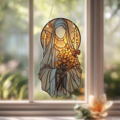 Holy Figure Window Hanging Decor with Yellow Flowers and Candle Halo, Spiritual Christian Gift, Catholic Religious Window Ornament Art