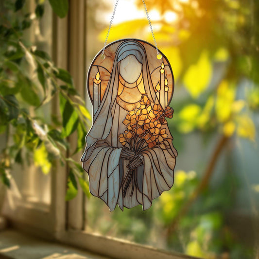 Holy Figure Window Hanging Decor with Yellow Flowers and Candle Halo, Spiritual Christian Gift, Catholic Religious Window Ornament Art