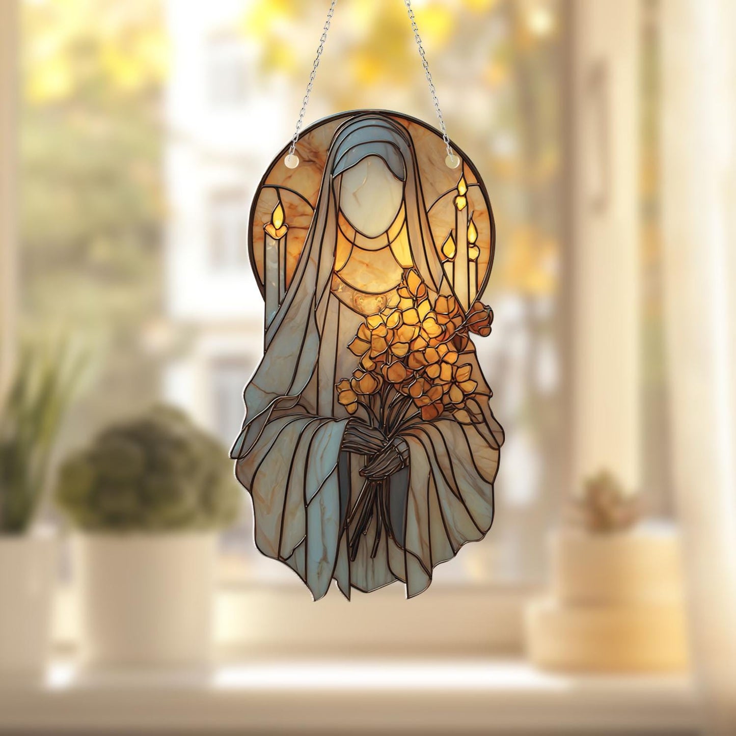 Holy Figure Window Hanging Decor with Yellow Flowers and Candle Halo, Spiritual Christian Gift, Catholic Religious Window Ornament Art