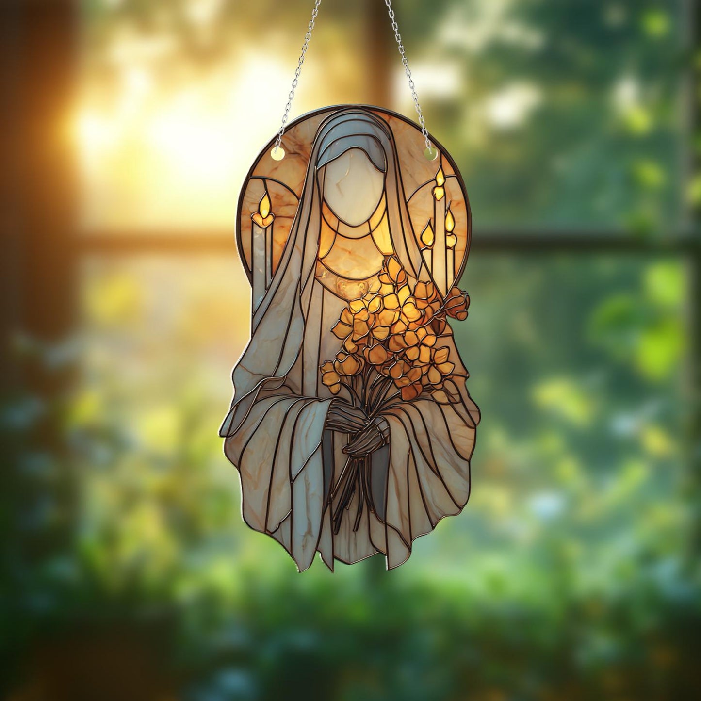 Holy Figure Window Hanging Decor with Yellow Flowers and Candle Halo, Spiritual Christian Gift, Catholic Religious Window Ornament Art