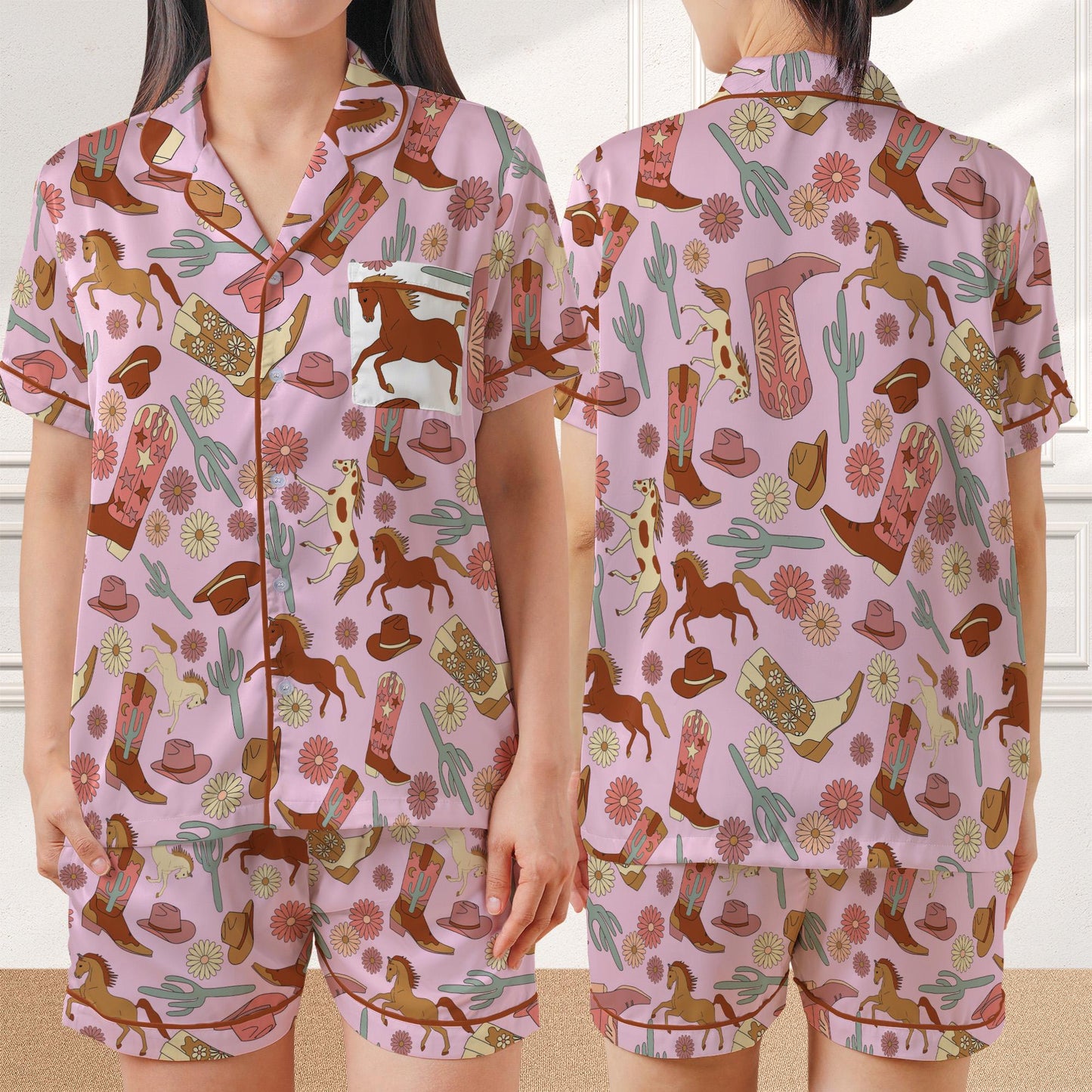 Western Era Pajama Set, Pink Cowgirl Sleepwear, Cowboy Boots and Flowers Loungewear Set, Floral Horse Cowgirl Pjs, Cowgirl Western Pajamas