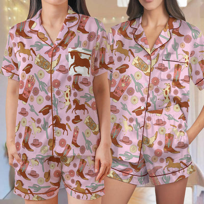 Western Era Pajama Set, Pink Cowgirl Sleepwear, Cowboy Boots and Flowers Loungewear Set, Floral Horse Cowgirl Pjs, Cowgirl Western Pajamas
