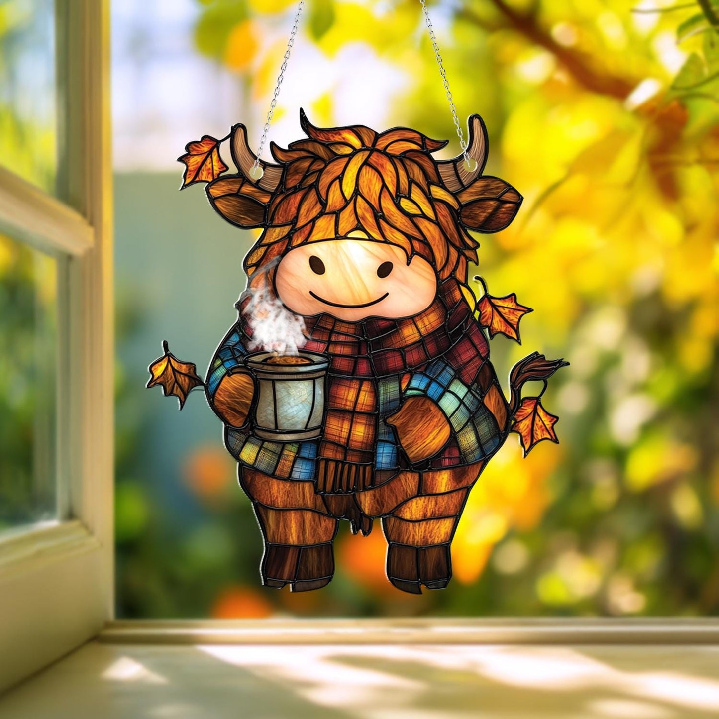 Cozy Fall Window Hanging with Highland Cow in Plaid Scarf, Autumn Leaves and Hot Cocoa Cup, Cute Farm Animal Decor for Seasonal Charm