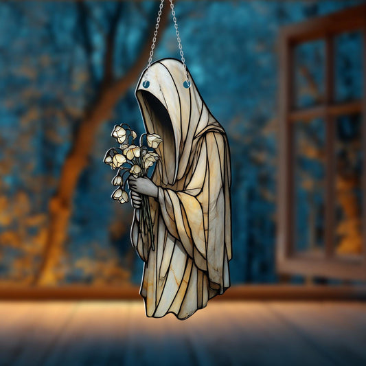 Gothic Ghost Window Hanging with Flowers and Candles, Spooky Halloween Decor with Vintage Aesthetic for Witchy, Dark Cottagecore Vibes