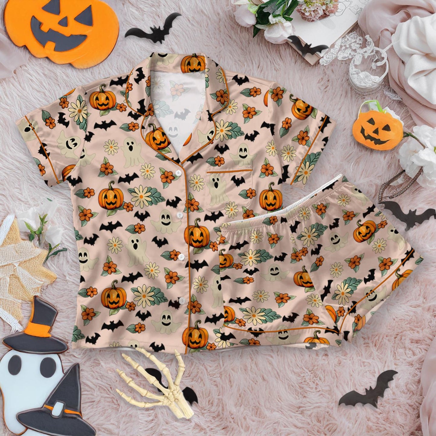 Funny Trick Or Treat Halloween Satin Pajamas, Floral Pumpkin Ghost Halloween Pajamas, Spooky Season Fall Vibes, Happy Halloween Sleepwear