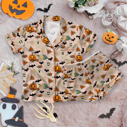 Funny Trick Or Treat Halloween Satin Pajamas, Floral Pumpkin Ghost Halloween Pajamas, Spooky Season Fall Vibes, Happy Halloween Sleepwear