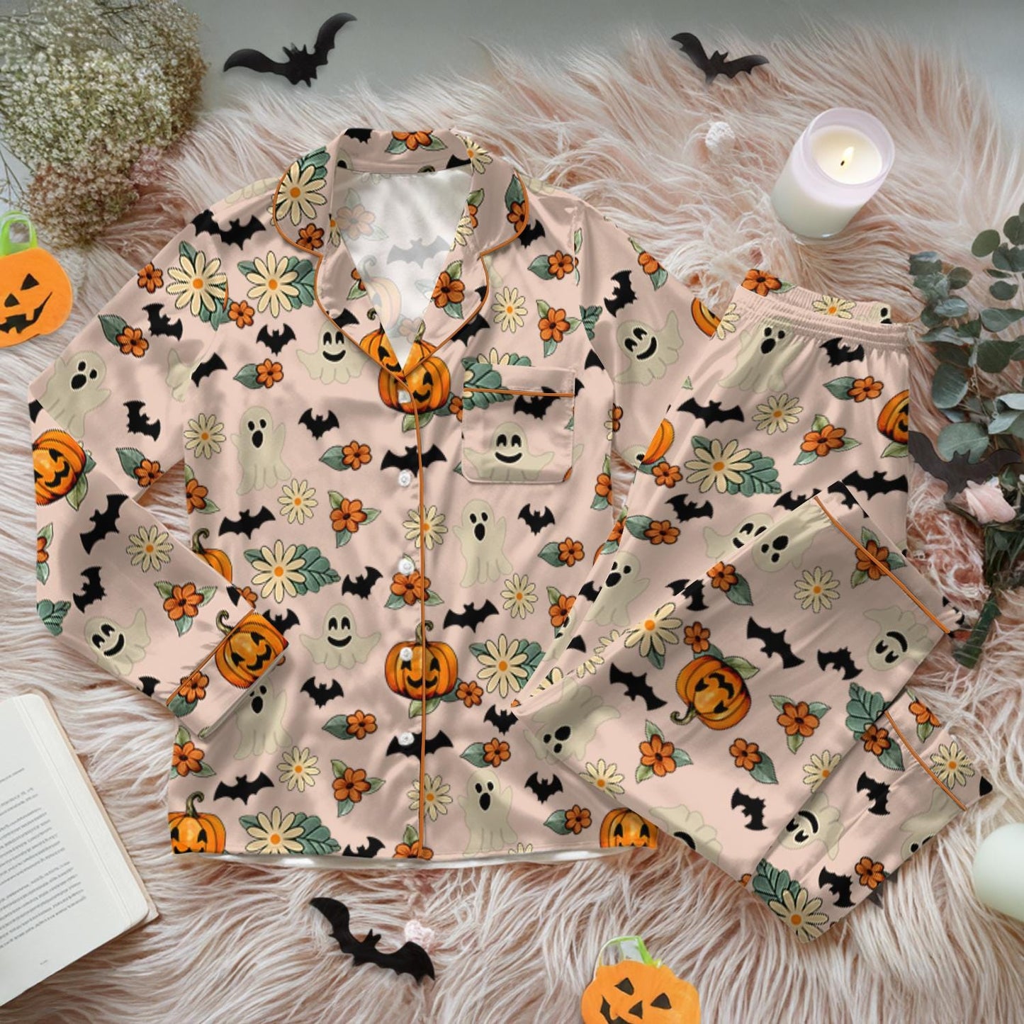 Funny Trick Or Treat Halloween Satin Pajamas, Floral Pumpkin Ghost Halloween Pajamas, Spooky Season Fall Vibes, Happy Halloween Sleepwear