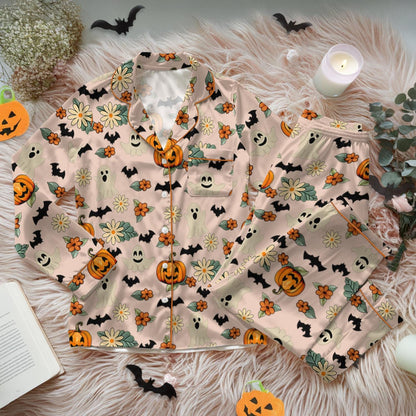 Funny Trick Or Treat Halloween Satin Pajamas, Floral Pumpkin Ghost Halloween Pajamas, Spooky Season Fall Vibes, Happy Halloween Sleepwear