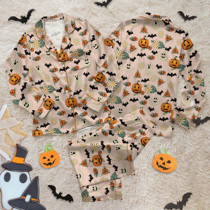 Funny Trick Or Treat Halloween Satin Pajamas, Floral Pumpkin Ghost Halloween Pajamas, Spooky Season Fall Vibes, Happy Halloween Sleepwear