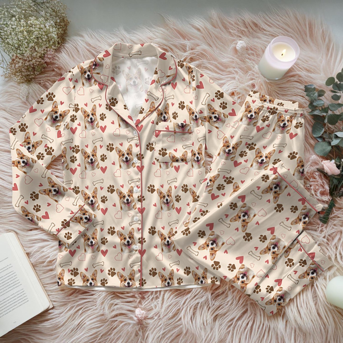 Customized Pet Satin Pajamas Set, Pet Face Pajamas, Dog Lover PJs, Family Pajamas, Pet Portrait, Matching Pajamas