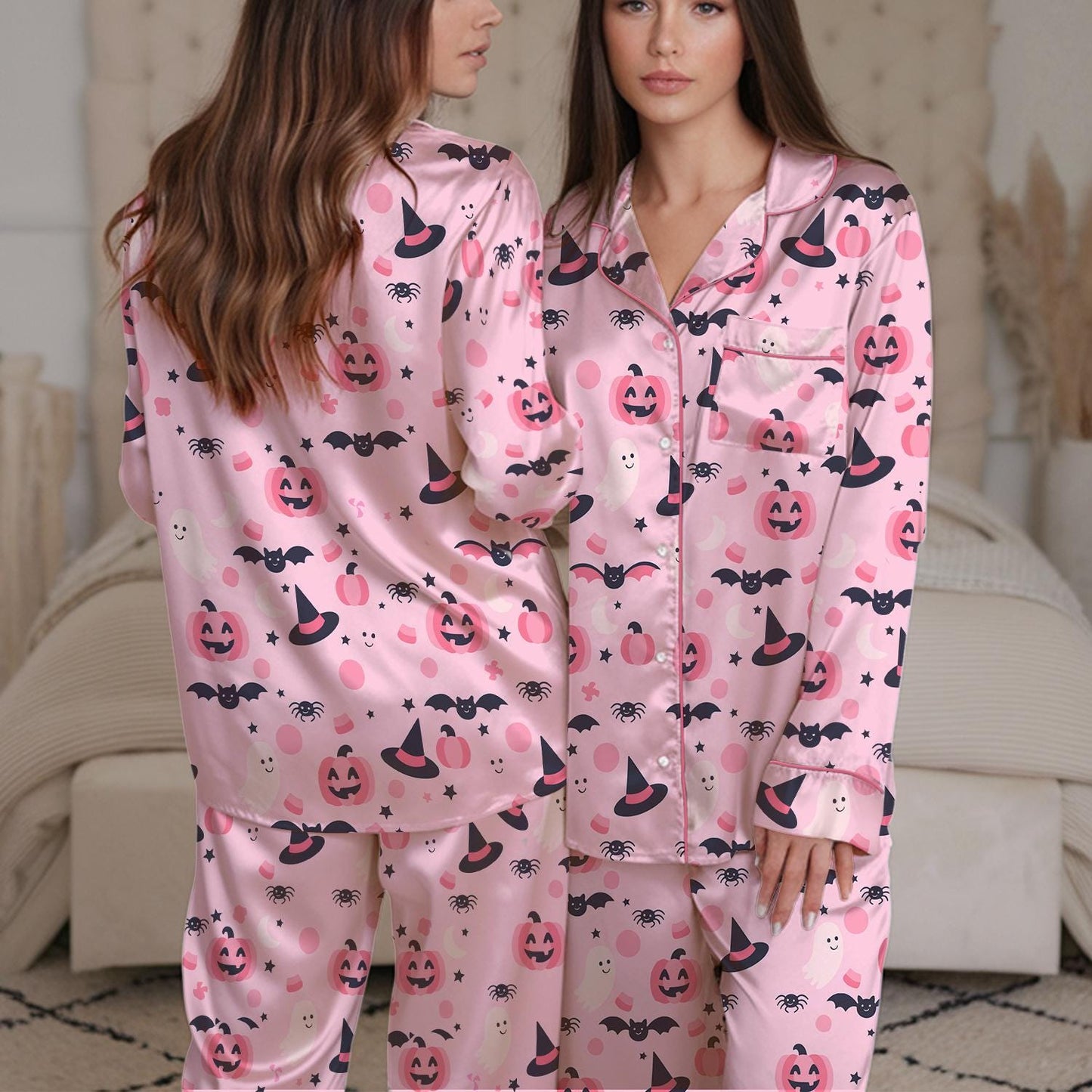 Halloween Cute Ghost Pumpkin Bats Pajama Set, Halloween Doodles Hearth Sleepwear, Halloween Witch Loungewear, Pumpkin Witch, Trick or Treat