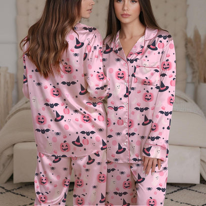 Halloween Cute Ghost Pumpkin Bats Pajama Set, Halloween Doodles Hearth Sleepwear, Halloween Witch Loungewear, Pumpkin Witch, Trick or Treat