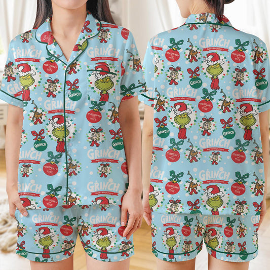 Grinch Christmas Coquette Pajama Set, Grinchmas Christmas  Sleepwear, Grinchy Loungewear, Green Guy Pajamas, Christmas Movie Character Pjs