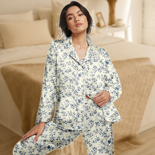 Floral Satin Pajama Set for Women, Cream and Navy Blue Botanical Print Sleepwear, Long Sleeve Loungewear, Silky Two Piece PJs
