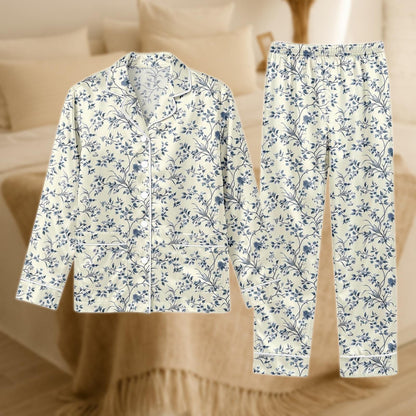 Floral Satin Pajama Set for Women, Cream and Navy Blue Botanical Print Sleepwear, Long Sleeve Loungewear, Silky Two Piece PJs