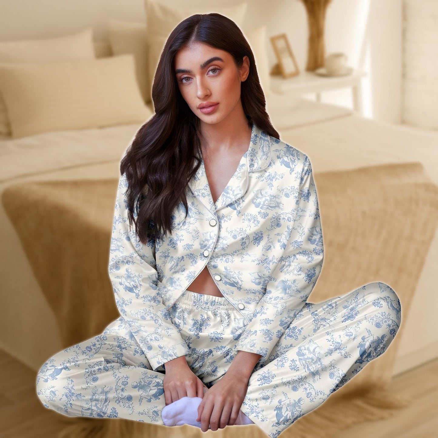 Toile Satin Pajama Set for Women, Blue and Ivory Vintage Sleepwear, Long Sleeve Silky Loungewear, Elegant Two Piece Nightwear