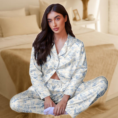 Toile Satin Pajama Set for Women, Blue and Ivory Vintage Sleepwear, Long Sleeve Silky Loungewear, Elegant Two Piece Nightwear