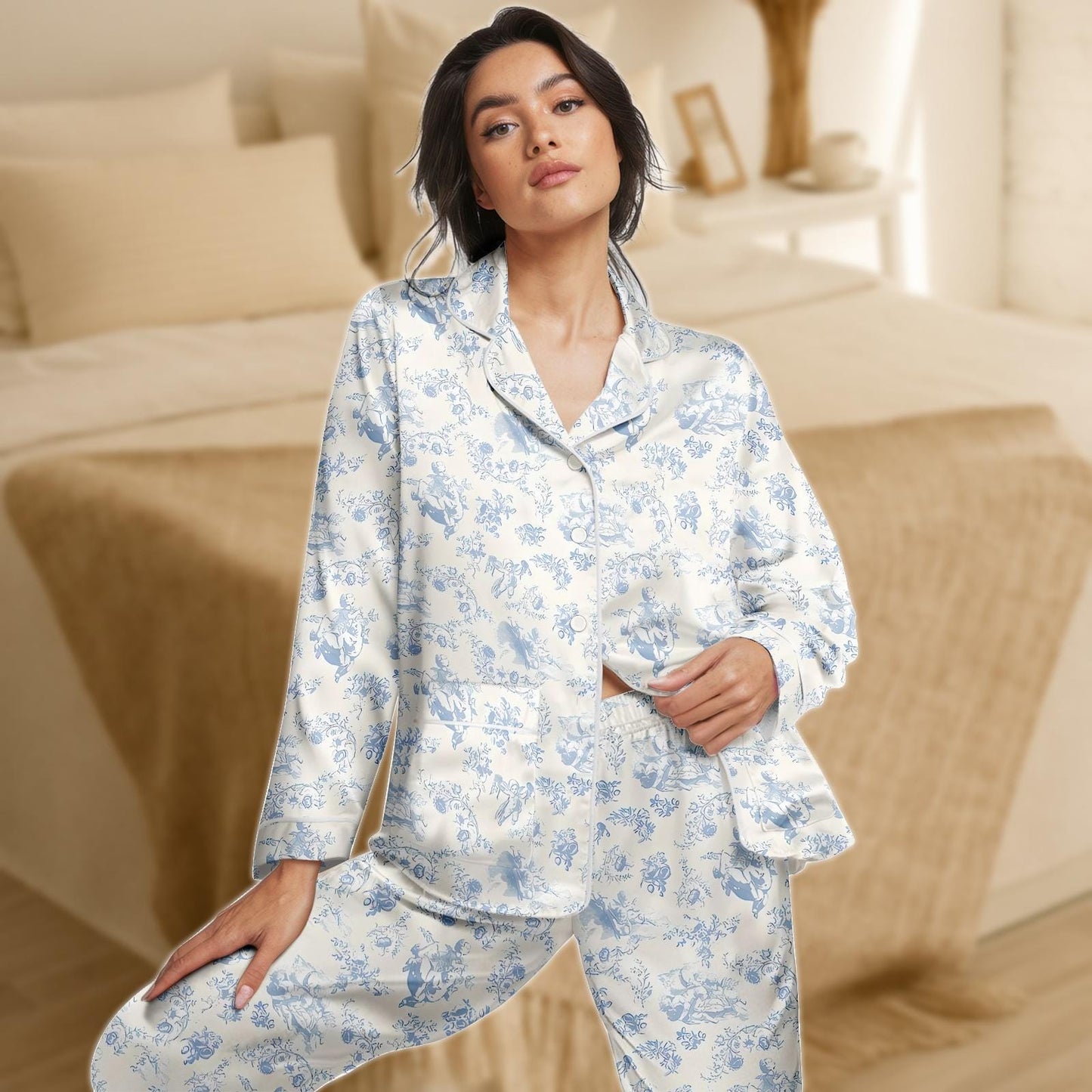 Toile Satin Pajama Set for Women, Blue and Ivory Vintage Sleepwear, Long Sleeve Silky Loungewear, Elegant Two Piece Nightwear
