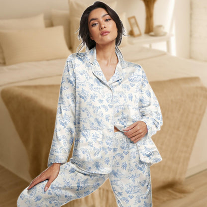 Toile Satin Pajama Set for Women, Blue and Ivory Vintage Sleepwear, Long Sleeve Silky Loungewear, Elegant Two Piece Nightwear