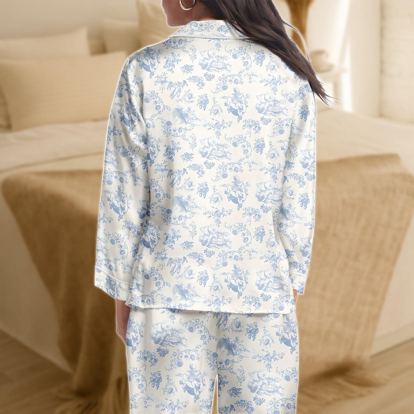 Toile Satin Pajama Set for Women, Blue and Ivory Vintage Sleepwear, Long Sleeve Silky Loungewear, Elegant Two Piece Nightwear