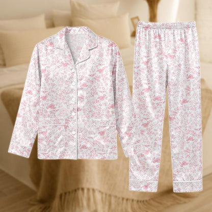 Floral Pink Satin Pajama Set for Women, Soft Blush Rose Print Sleepwear, Long Sleeve Silky Lounge Set, Romantic Piece Nightwear,Gift Fo