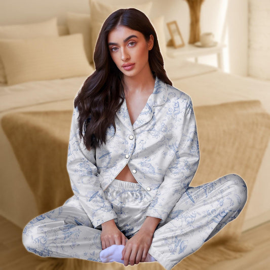 Blue Toile Satin Pajama Set for Women, Fairytale Print Long Sleeve Sleepwear, Soft Silky Lounge Set, Elegant Piece Nightwear, Gift For