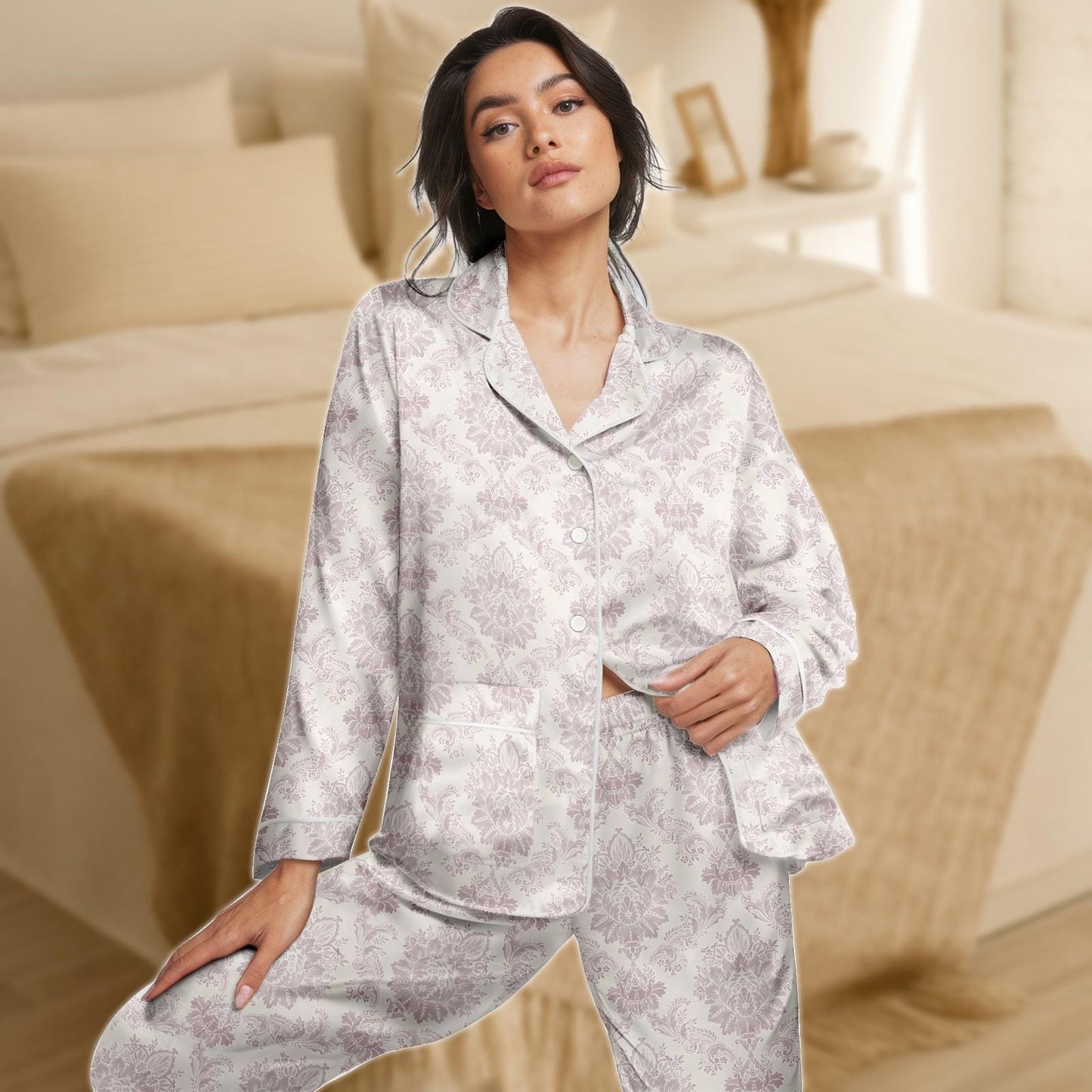 Damask Print Satin Pajama Set for Women, Lavender Baroque Sleepwear, Silky Long Sleeve Loungewear, Elegant Vintage Style PJs, Gift for
