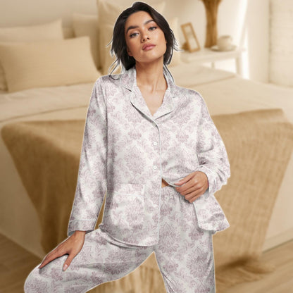 Damask Print Satin Pajama Set for Women, Lavender Baroque Sleepwear, Silky Long Sleeve Loungewear, Elegant Vintage Style PJs, Gift for
