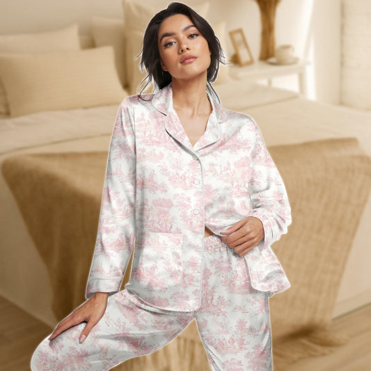 Toile Pink Satin Pajama Set for Women, French Country Print Sleepwear, Long Sleeve Silky Loungewear, Soft Romantic Two Piece Set