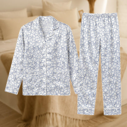Hibiscus Floral Satin Pajama Set for Women, Navy and White Sleepwear, Long Sleeve Tropical Print PJs, Silky Two Piece Lounge Set