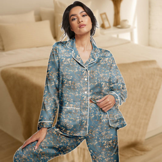 Blossom Satin Pajama Set for Women, Teal and Gold Floral Sleepwear, Van Gogh Inspired Long Sleeve PJs, Silky Elegant Loungewear