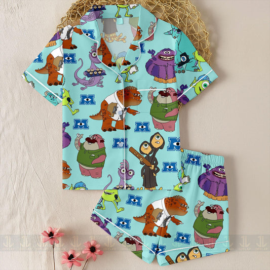 Monster University Unisex Satin Pajamas Set, Spooky Season Pajamas , Long Sleeve And Short Styles