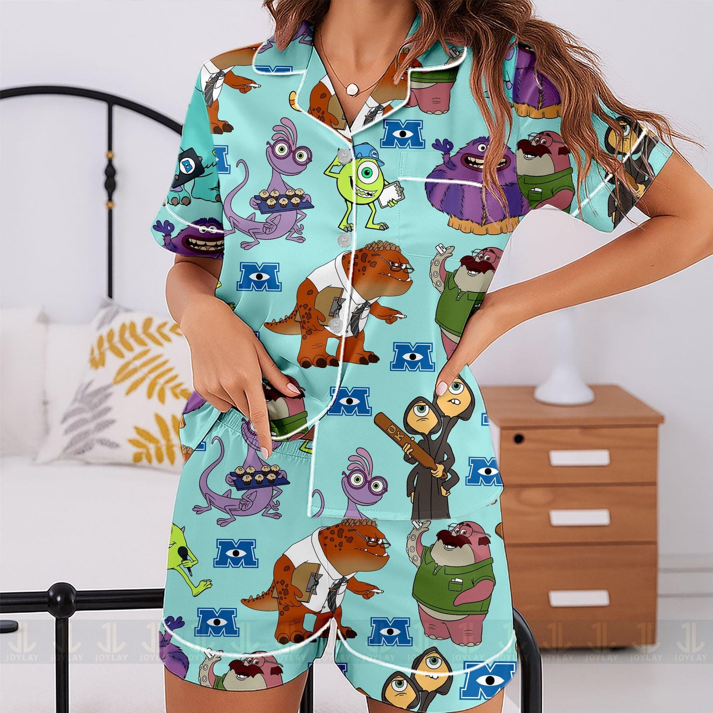 Monster University Unisex Satin Pajamas Set, Spooky Season Pajamas , Long Sleeve And Short Styles