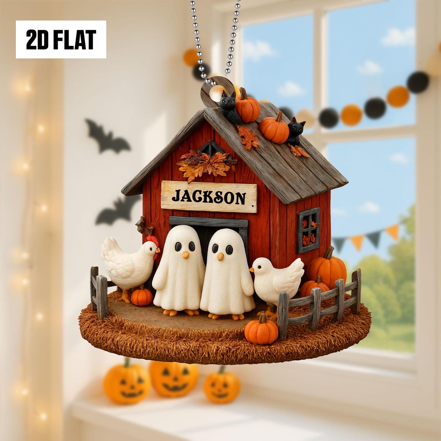 Personalized Halloween Chicken Coop 2D Flat Acrylic Ornament, Ghost Chicken Ornament, Cute Ghost Farmhouse Fall Decor , Halloween Gift