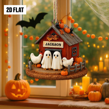 Personalized Halloween Chicken Coop 2D Flat Acrylic Ornament, Ghost Chicken Ornament, Cute Ghost Farmhouse Fall Decor , Halloween Gift