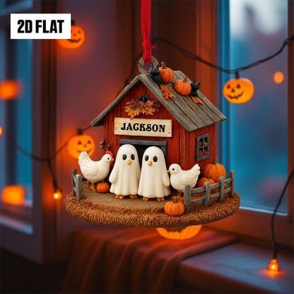 Personalized Halloween Chicken Coop 2D Flat Acrylic Ornament, Ghost Chicken Ornament, Cute Ghost Farmhouse Fall Decor , Halloween Gift